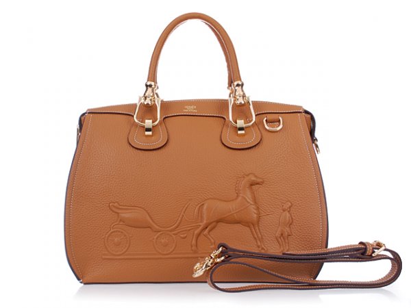 Hermes 2014 Horse Draw Carriage Embossed Lichee Pattern Brown Go